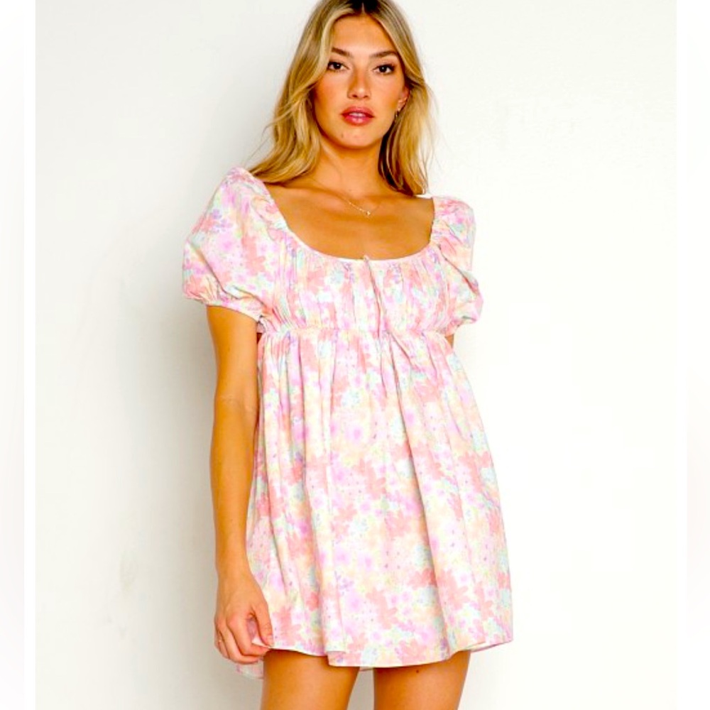 FOR LOVE AND LEMONS Pastel Floral Dress with Puff Sleeves, nwt